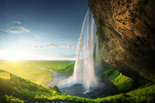Seljalandfoss Waterfall In Summer Time, Iceland