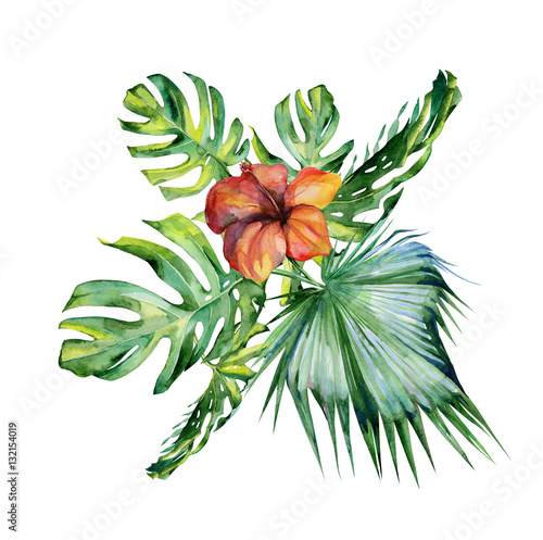 Watercolor illustration set of tropical leaves and hibiscus, dense jungle. Ba...