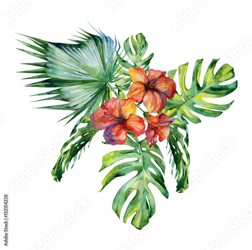 Watercolor illustration set of tropical leaves and hibiscus, dense jungle. Ba...