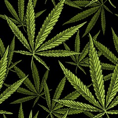 Wall Mural - Seamless pattern with marijuana leaf. Vintage black vector engraving illustration