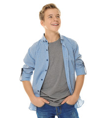 Poster - Cheerful teenager in casual clothes on white background