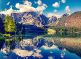 Fototapeta Krajobraz - mountain lake in the Julian Alps, Italy,retro ,vinage style
