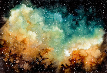 watercolor yellow nebula, stars and dark sky
