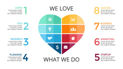 Vector abstract heart infographic, cycle diagram, love graph, presentation chart. Love work concept with 8 options, parts, steps, processes. Happy Valentines Day.