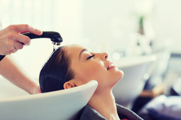 Poster - happy young woman at hair salon