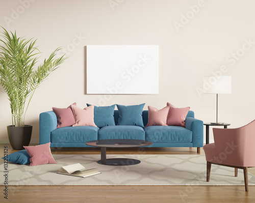 Fotografía Blue and salmon red velvet sofa in a contemporary living room