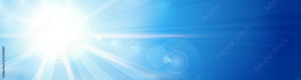 Blue sky with sun and lens flare panorama, header, banner - obrazy, fototapety, plakaty 
