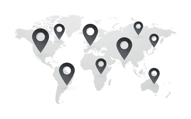 Wall Mural - black map pointers with world map isolated