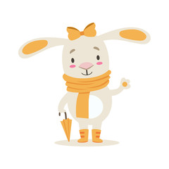 Sticker - Little Girly Cute White Pet Bunny In Orange Autumn Clothes With Umbrella, Cartoon Character Life Situation Illustration