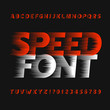 Speed alphabet font. Wind effect type letters and numbers on a dark background. Vector typeface for your design.