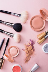 Set of decorative cosmetics on color background