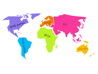 Wall Mural - Simplified world map divided to six continents - South America, North America, Africa, Europe, Asia and Australia - in different colors, on white background and with black lables. Simple flat vector