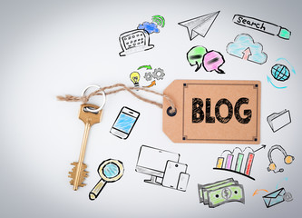 Wall Mural - Blog Concept. Key and a note on a white background 