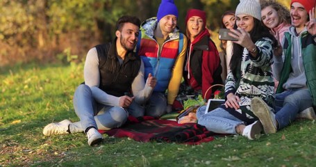 Sticker - Friends Picnic People Group Sitting Blanket Using Tablet Computer Outdoor Autumn Park Yellow Leaf Slow Motion 60