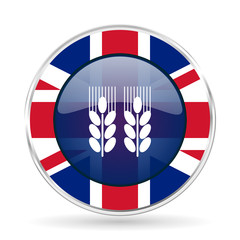 Poster - agricultural british design icon - round silver metallic border button with Great Britain flag.