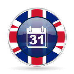 Aufkleber - calendar british design icon - round silver metallic border button with Great Britain flag