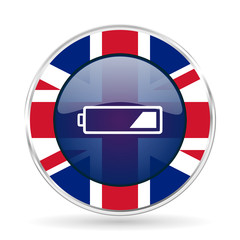 Poster - battery british design icon - round silver metallic border button with Great Britain flag