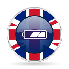 Poster - battery british design icon - round silver metallic border button with Great Britain flag