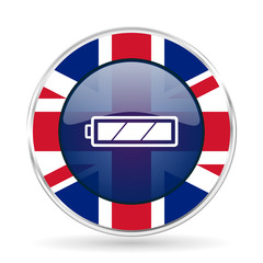 Poster - battery british design icon - round silver metallic border button with Great Britain flag