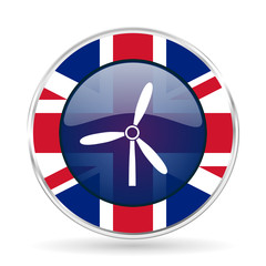Poster - windmill british design icon - round silver metallic border button with Great Britain flag