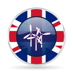 Poster - windmill british design icon - round silver metallic border button with Great Britain flag