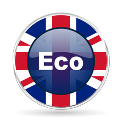 Poster - eco british design icon - round silver metallic border button with Great Britain flag