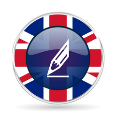 Poster - pencil british design icon - round silver metallic border button with Great Britain flag