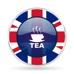 Poster - tea british design icon - round silver metallic border button with Great Britain flag