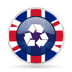 Poster - recycle british design icon - round silver metallic border button with Great Britain flag