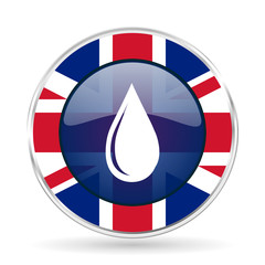 Poster - water drop british design icon - round silver metallic border button with Great Britain flag