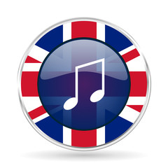 Poster - music british design icon - round silver metallic border button with Great Britain flag