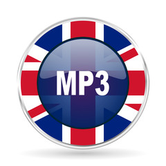 Poster - mp3 british design icon - round silver metallic border button with Great Britain flag