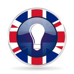 Poster - bulb british design icon - round silver metallic border button with Great Britain flag