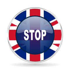 Poster - stop british design icon - round silver metallic border button with Great Britain flag