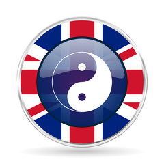 Poster - Ying yang british design icon - round silver metallic border button with Great Britain flag