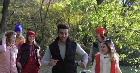 Sticker - Young People Group Walk Outdoors In Autumn Park, Mix Race Friends Go Laughing Wood Path Slow Motion 60