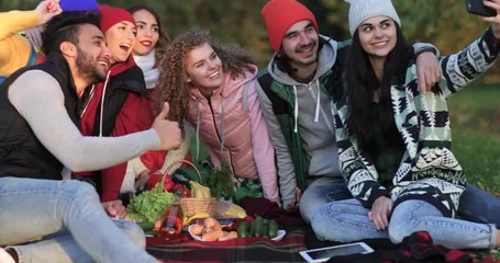 Sticker - Beautiful Girls Taking Selfie Photo On Cell Smart Phone, Young Woman Group Autumn Forest Slow Motion 60