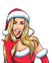 Pop Art Christmas Sexy Woman In Santa Claus Hat With Open Mouth.