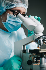Wall Mural - scientist in blue medical gloves and uniform learning samples with microscope in laboratory.