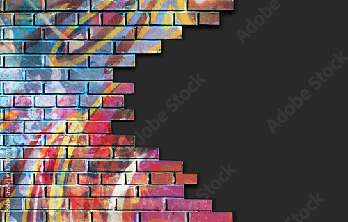 Old brick, broken colorful painted wall with dark copy space © adzicnatasa