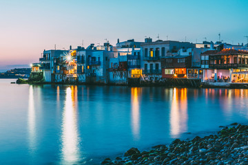 Wall Mural - Famous dining and cafe neighborhood of Little Venice at night, Mykonos, Cyclades, Greece.