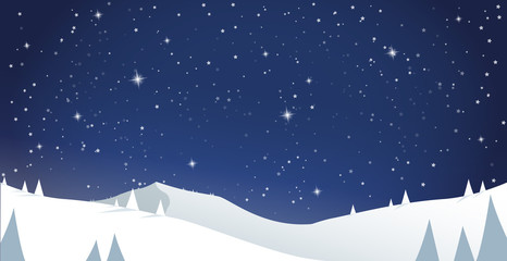 Winter mountain scenery with pine trees and snowy hills - night