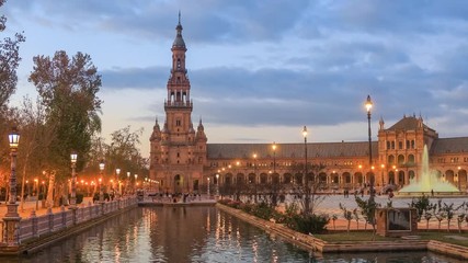 Fototapete - North tower on Plaza de Espana in the evening in Seville, Andalusia, Spain
