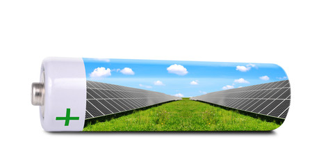 Battery with solar panels isolated on white background. The concept of sustainable resources.