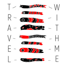 Postcard With Fish Symbol In Red And Black On White Background 