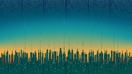 Wall Mural - The city online. Abstract futuristic digital city, cloud connected, high-tech background, network digital technology