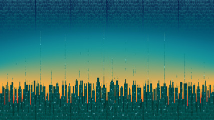 Poster - The city online. Abstract futuristic digital city, cloud connected, high-tech background, network digital technology