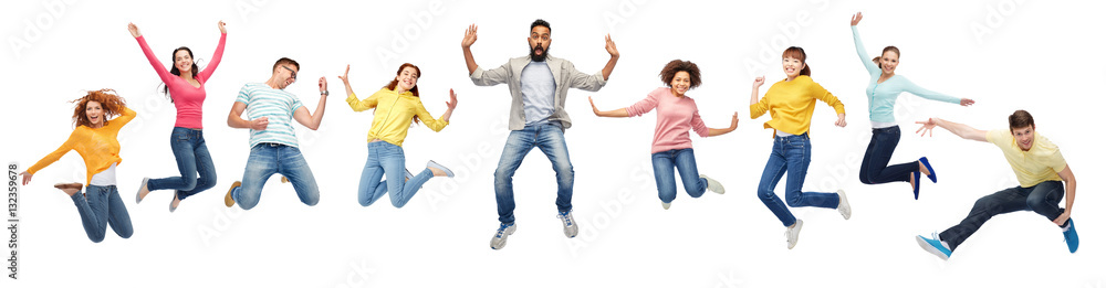 international group of happy people jumping - obrazy, fototapety, plakaty 