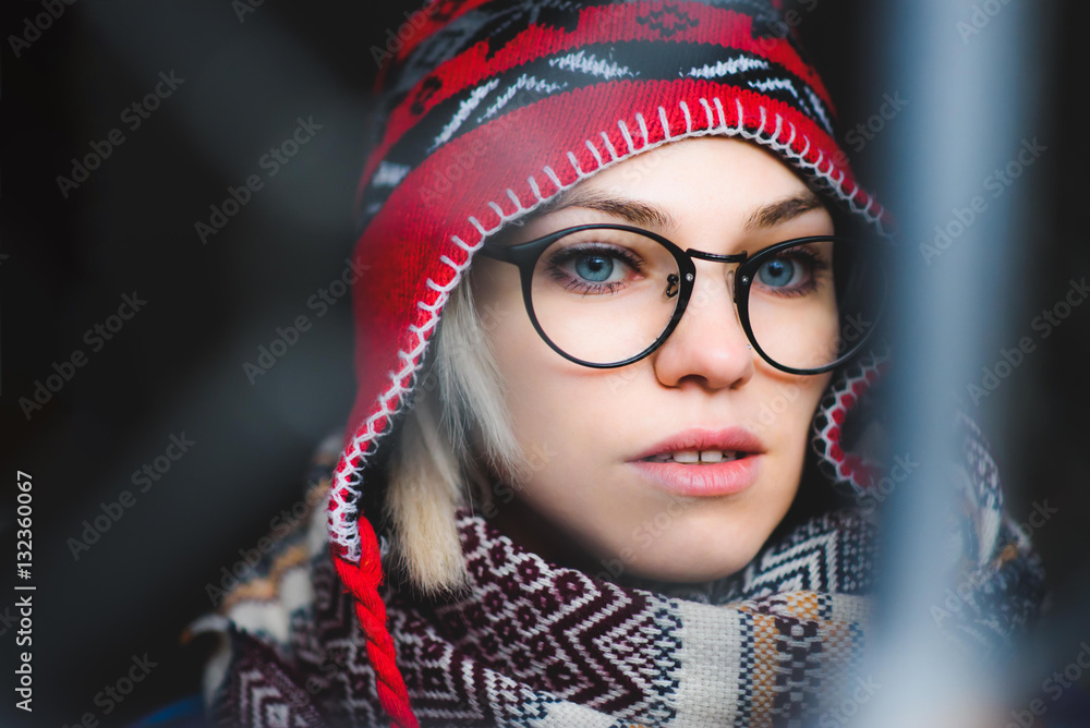 portrait of a girl with glasses and hat Stock Photo | Adobe Stock