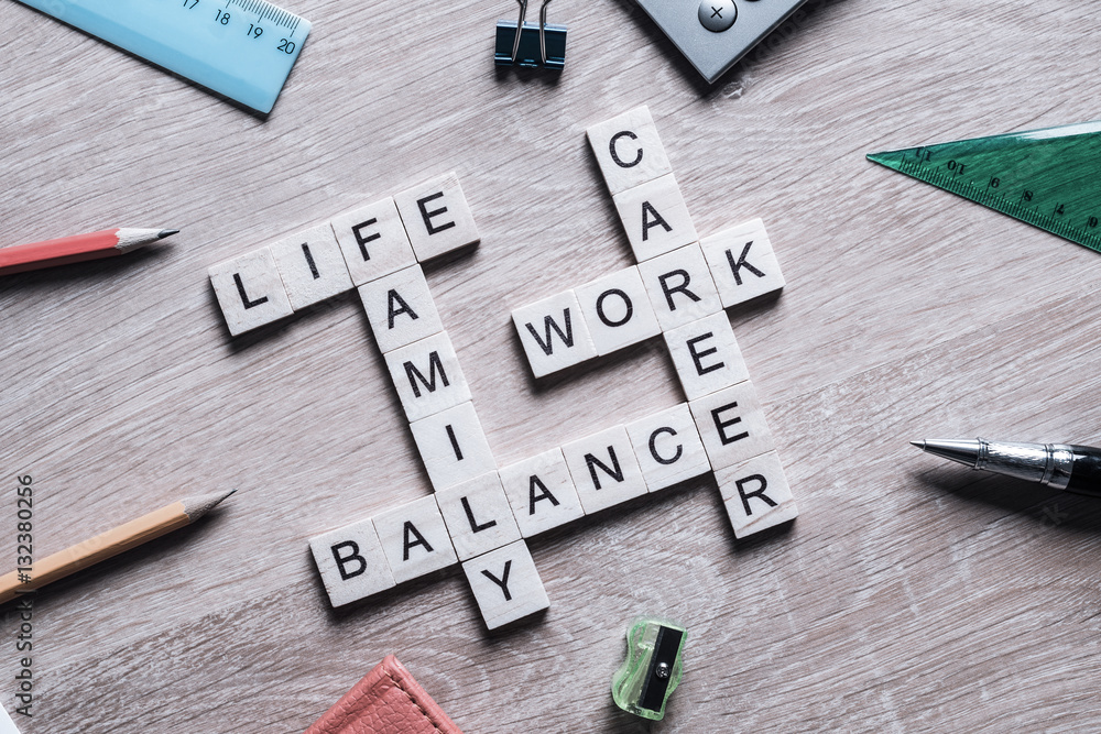 Words work life balance and family on table collected with wooden ...
